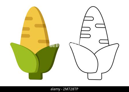 Ein Malbuch für Mais. Saftiger und süßer Mais. Pädagogisches Spiel für Kinder. Obst und Gemüse. Malbuch für Kinder. Pädagogisches Spiel für Vorschulkinder Stock Vektor