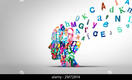 Lesen und Lesen Verstehen oder Sprache sprechen und autistisches Spektrum oder Dyslexie-Syndrom-Konzept als menschlicher Kopf aus Alphabet Stockfoto