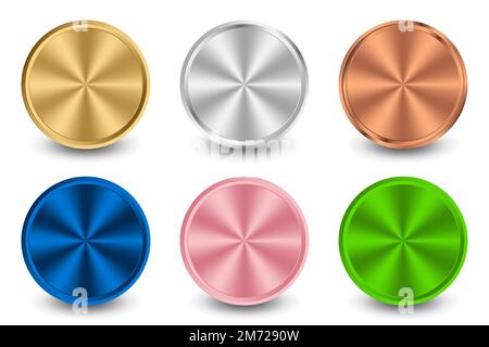 Sammlung von Gold, Silber, Bronze, blauem Metall, rosa Metall, Und radial-metallischer Gradient aus grünem Metall. Platten mit Gold-, Silber-, Bronze-Metallic-Effekt Stock Vektor
