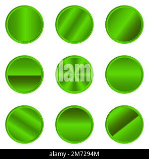 Set aus grünen metallischen Kreisen. Luxuriöser, grün-metallic-gelber Drehknopf. Metallisch-grüner Kreis. Realistischer Metallknopf. Green Circles Kollektion. Vektor il Stock Vektor