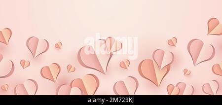 Papierelemente in Form eines Herzens, das auf pinkfarbenem Hintergrund fliegt. Vektorsymbole der Liebe für Happy Women's, Muttertag oder Geburtstagskarte. Vektor Stock Vektor
