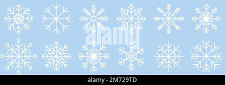 Snowflake Variations Icon Kollektion. Snowflake-Symbole gesetzt. Schneeflockensymbole. Schneesymbol. Frostwinterhintergrund. Schneeflocken-Eiskristall isoliert. Vec Stock Vektor