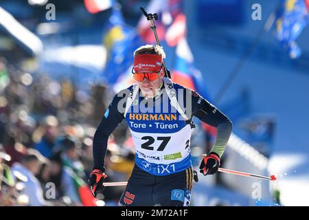 Pokljuka, Slowenien. 06. Januar 2023. Roman Rees von Deutschland in Aktion beim Men 10 km Sprint Rennen bei der BMW IBU Biathlon Weltmeisterschaft in Pokljuka. Kredit: SOPA Images Limited/Alamy Live News Stockfoto