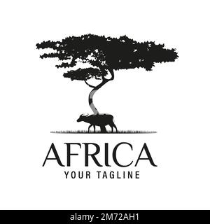 Afrikanischer Akazienbaum mit afrikanischer Buffalo Silhouette für Safari Adventure Logo Design Vector Stock Vektor