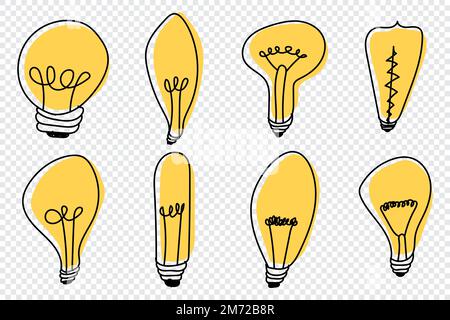 Handgezeichnete Glühbirnen. Glühbirnen-Doodle. Symbol für handgezeichnete Idee. Kreativität und Innovationskonzept. Satz handgezogener Glühlampen. Vektordarstellung Stock Vektor