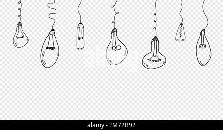 Set aus hängenden Glühbirnen mit Kritzeleien, handgezeichnet. Glühbirnen-Set. Doodle, von Hand gezeichnete Lampe im Skizzenstil. Glühlampe mit Linienkurve. Vektorbeleuchtung Stock Vektor