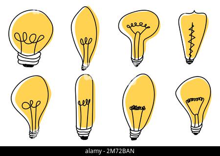 Handgezeichnete Glühbirnen. Glühbirnen-Doodle. Symbol für handgezeichnete Idee. Kreativität und Innovationskonzept. Satz handgezogener Glühlampen. Vektordarstellung Stock Vektor