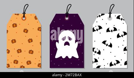 Set verschiedener Geschenkanhänger. Beängstigende Verkaufsmarken. Weihnachtsgeschenkanhänger mit Kürbissen, Geistern und Fledermäusen. Preisschilder für Sonderangebote. Price-Tag-Kollektion. Vecto Stock Vektor