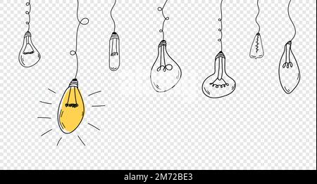Abstrakter kreativer Konzepthintergrund. Handgezeichnet aus hängenden Glühbirnen mit einer leuchtenden. Konzept kreativer Ideen im einfachen linearen Stil. Doodle Ligh Stock Vektor