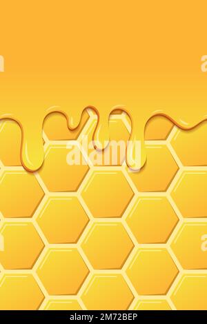 Helle Essenskarte. Honigflieger. Süßer, realistischer Honig. Gelbes Muster mit Wabenmuster und Honigtropfen. Tropfender Honig. Goldener Honig-Hexagonalzelltextu Stock Vektor