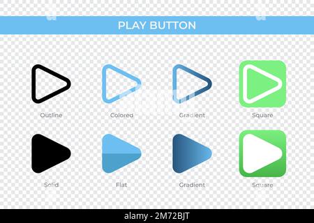 Symbol für die Wiedergabetaste in einem anderen Stil. Vektorsymbole für Wiedergabeschaltflächen in Umriss-, durchgehenden, farbigen, verlaufenden und flachen Formaten. Symbol, Logo-Abbildung Stock Vektor
