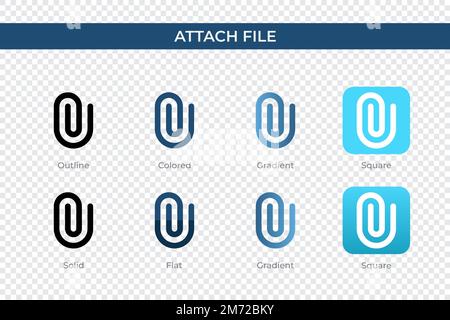 Dateianhängesymbol in einem anderen Stil. Dateivektorsymbole anhängen, die als Kontur, durchgehend, farbig, verlaufend und flach entworfen wurden. Symbol, Logo-Abbildung Stock Vektor