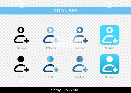 Symbol "Benutzer hinzufügen" in einem anderen Stil. Fügen Sie Benutzervektorsymbole hinzu, die als Kontur, durchgehend, farbig, verlaufend und flach entworfen wurden. Symbol, Logo-Abbildung. Vect Stock Vektor