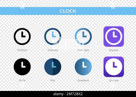 Uhrsymbol in einem anderen Stil. Uhrenvektorsymbole in Umriss-, Vollton-, Farb-, Verlaufs- und flacher Form. Symbol, Logo-Abbildung. Vektor krank Stock Vektor