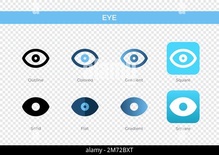 Augensymbol in einem anderen Stil. Augenvektorsymbole in Kontur-, durchgehend-, farbigen, verlaufenden und flachen Darstellungen. Symbol, Logo-Abbildung. Vektor illustr Stock Vektor