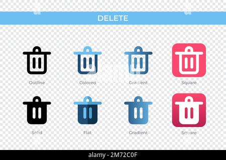 Löschsymbol in einem anderen Stil. Löschen Sie Vektorsymbole, die als Kontur, durchgehend, farbig, verlaufend und flach entworfen wurden. Symbol, Logo-Abbildung. Vektor i Stock Vektor