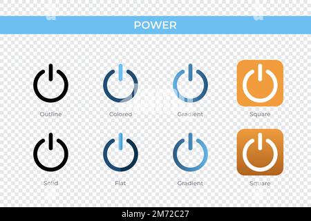 Power-Ikone in einem anderen Stil. Leistungsvektorsymbole in Umriss-, durchgehenden, farbigen, verlaufenden und flachen Formaten. Symbol, Logo-Abbildung. Vektor krank Stock Vektor