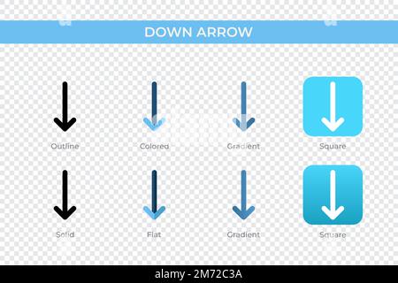 Pfeilsymbol nach unten in einem anderen Stil. Vektorsymbole mit Abwärtspfeil in Umriss-, durchgehenden, farbigen, verlaufenden und flachen Formaten. Symbol, Logo-Abbildung. Stock Vektor