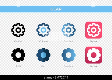 Gear Icon in einem anderen Stil. Zahnradvektorsymbole in Umriss-, durchgehenden, farbigen, verlaufenden und flachen Formen. Symbol, Logo-Abbildung. Vektorillus Stock Vektor