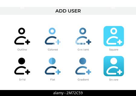 Symbol "Benutzer hinzufügen" in einem anderen Stil. Fügen Sie Benutzervektorsymbole hinzu, die als Kontur, durchgehend, farbig, verlaufend und flach entworfen wurden. Symbol, Logo-Abbildung. Vect Stock Vektor