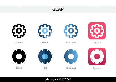 Gear Icon in einem anderen Stil. Zahnradvektorsymbole in Umriss-, durchgehenden, farbigen, verlaufenden und flachen Formen. Symbol, Logo-Abbildung. Vektorillus Stock Vektor