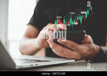 Diagramm zur Analyse von Investorendaten und Informationen zur Planung der Strategie für Aktiengeld, Aktienmarkt, Erfolgskonzept für Geschäftswachstum. Businessma Stockfoto