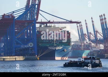 PRODUKTION - 03. Januar 2023, Hamburg: Containerschiffe werden am Containerterminal Burchardkai (l) und am Eurogate Container Terminal (hinten r) im Hafen beladen und entladen. Der Hamburger Elbhafen ist ein Universalhafen für alle Arten von Gütern und der bei weitem wichtigste Frachtumschlagsort in Deutschland. Jedes Jahr passieren rund 130 Millionen Tonnen Seegüter über gute 50 Umschlaganlagen die Kairänder, und rund 290 Liegeplätze bieten Platz für Schiffe jeder Größe - von besonders großen Containern und Massengutschiffen über Öl- und Chemikalientanker bis hin zu Feeder- und Binnenschiffen. (Bis d Stockfoto