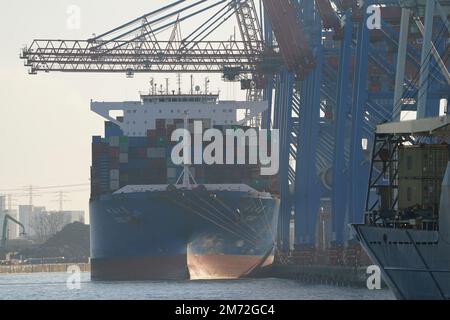 PRODUKTION - 03. Januar 2023, Hamburg: Ein Containerschiff der Schifffahrtsgesellschaft COSCO Shipping wird am Containerterminal Tollerort im Hafen beladen und entladen. Der Hamburger Elbhafen ist ein Universalhafen für alle Arten von Gütern und der bei weitem wichtigste Frachtumschlagsort in Deutschland. Jedes Jahr passieren rund 130 Millionen Tonnen Seegüter über gute 50 Umschlaganlagen die Kairänder, und rund 290 Liegeplätze bieten Platz für Schiffe jeder Größe - von besonders großen Containern und Massengutschiffen über Öl- und Chemikalientanker bis hin zu Feeder- und Binnenschiffen. (Zu dpa ' Stockfoto