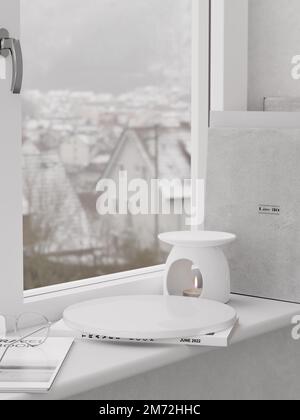 3D Keramik-Podium mit Büchern auf der Fensterschürze. 3D realistische Darstellung der Produktwerbung. Stockfoto