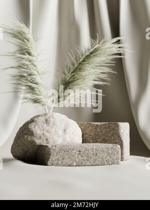 3D Ziegelpodium mit getrockneter Pflanze und Stein auf beigefarbenem Stoffhintergrund. 3D realistische Darstellung der Produktwerbung. Stockfoto