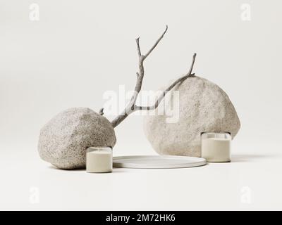 3D minimalistische Podien mit getrocknetem Ast, Steinen und Kerzen auf weißem Hintergrund. 3D-Darstellung abstrakter Darstellungen. Stockfoto