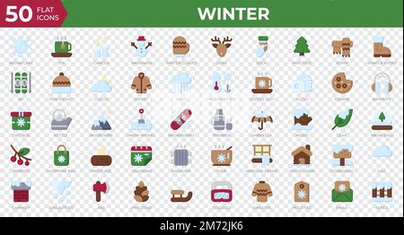 Winter-Ikonen im flachen Style. Schneeflocke, Tee, Pullover. Flat Icons Kollektion. Feiertagssymbol. Vektordarstellung Stock Vektor