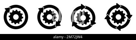 Zahnradsatz. Synchronisierungsprozess. Schwarze Zahnradsymbole. Zahnradsymbol mit schwarzem Vektor. Zahnradsatz einfaches Symbol für Glyphennetz. Symbol für Gangeinstellung. Vektordarstellung Stock Vektor