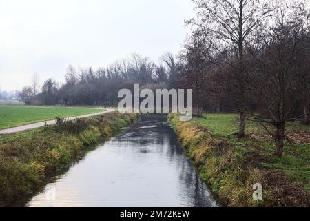 Asphaltierter Pfad mit einem Wald und einem Wasserstrahl am Rande inmitten von bebauten Feldern an einem bewölkten Tag in der italienischen Landschaft Stockfoto