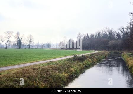 Asphaltierter Pfad mit einem Wald und einem Wasserstrahl am Rande inmitten von bebauten Feldern an einem bewölkten Tag in der italienischen Landschaft Stockfoto
