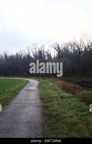 Asphaltierter Pfad mit einem Wald und einem Wasserstrahl am Rande inmitten von bebauten Feldern an einem bewölkten Tag in der italienischen Landschaft Stockfoto