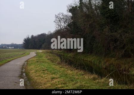 Asphaltpfad, der an einem bewölkten Tag in der italienischen Landschaft von einem bebauten Feld und einem Wald neben einem Wasserstrom umgeben ist Stockfoto