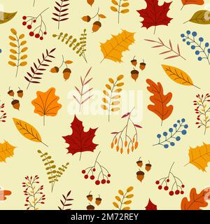 Herbstmuster mit Beeren, Pflanzen, Blättern, Eicheln. Charmantes Herbstmuster. Nahtloses Muster mit Herbstmotiv. Handgezeichnet. Vektor-Illustration Stock Vektor