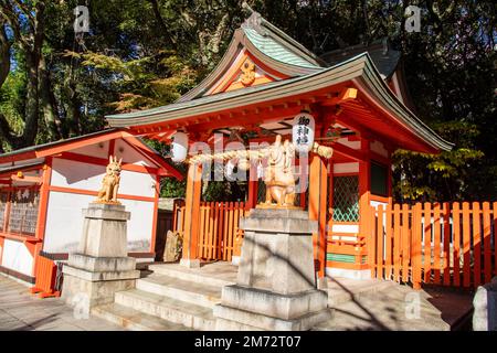 Kobe Japan Dez. 6. 2022: Der Ebisu-Schrein im Ikuta-Schrein. Es gibt ein Paar Steinstatue Komainu. Es ist ein löwenähnliches Wesen, das den Eingang bewacht Stockfoto