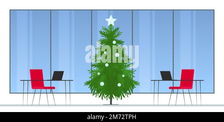 Büroeinrichtung mit Weihnachtsbaum. Keine Menschen. Vektor Stock Vektor