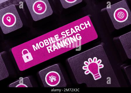 Konzeptionelle Überschrift Rangfolge der mobilen Suche. Wort für Website oder Seite wird innerhalb der Suchmaschinenergebnisse eingestuft Stockfoto