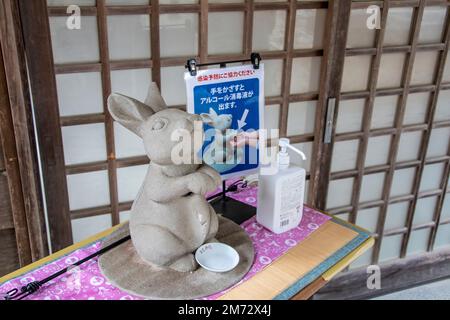 Tottori Japan 2. Dez. 2022: Die Hase-Art von Container für das Händedesinfektionsmittel für Touristen am Hakuto-Schrein. Stockfoto