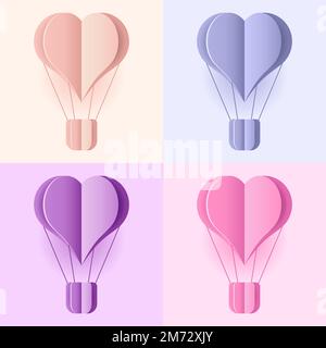 Ein Set aus Papierkunst und Ballon. Farbenfrohe Heißluftballons im Papierkunststil. Liebe zum Stil des Papierschnitts. Vektordarstellung Stock Vektor