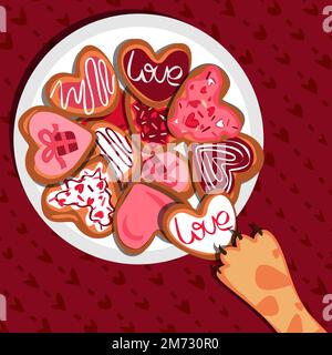Frohe Valentinskarte mit Katzenpfoten und Keksen. Grußkarte oder Poster zum romantischen Valentinstag. 14. Februar Stock Vektor