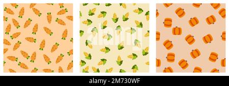 Nahtloses Gemüseset mit Muster. Karotten, Mais und Kürbis. Designelemente für Babytextilien oder -Kleidung. Essensdruck für Vorhang. Vektordarstellung Stock Vektor
