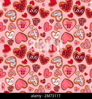 Fröhliche Valentinstag Herzen Kekse nahtloses Muster. Romantischer Valentinstag 14. Februar Hintergrund Stock Vektor