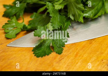 Petersilienblätter und ein scharfes Messer auf Holzhackbrett, weiche Nahaufnahme Stockfoto