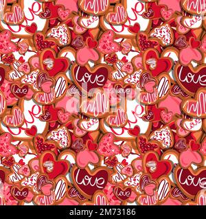 Fröhliche Valentinstag Herzen Kekse nahtloses Muster. Romantischer Valentinstag 14. Februar Hintergrund Stock Vektor