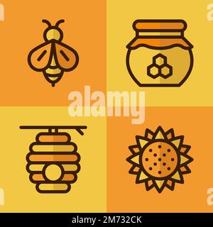 Vier Honigsymbole. Honig-Symbole gesetzt. Bienen-Set. Honig, Bienen, Sonnenblumen, Bienenstock. Vektordarstellung Stock Vektor