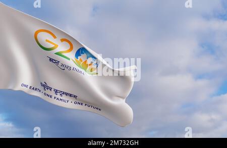 G20 Indische Flagge auf blauem Himmel. 3D Arbeit und 3D Bild Stockfoto